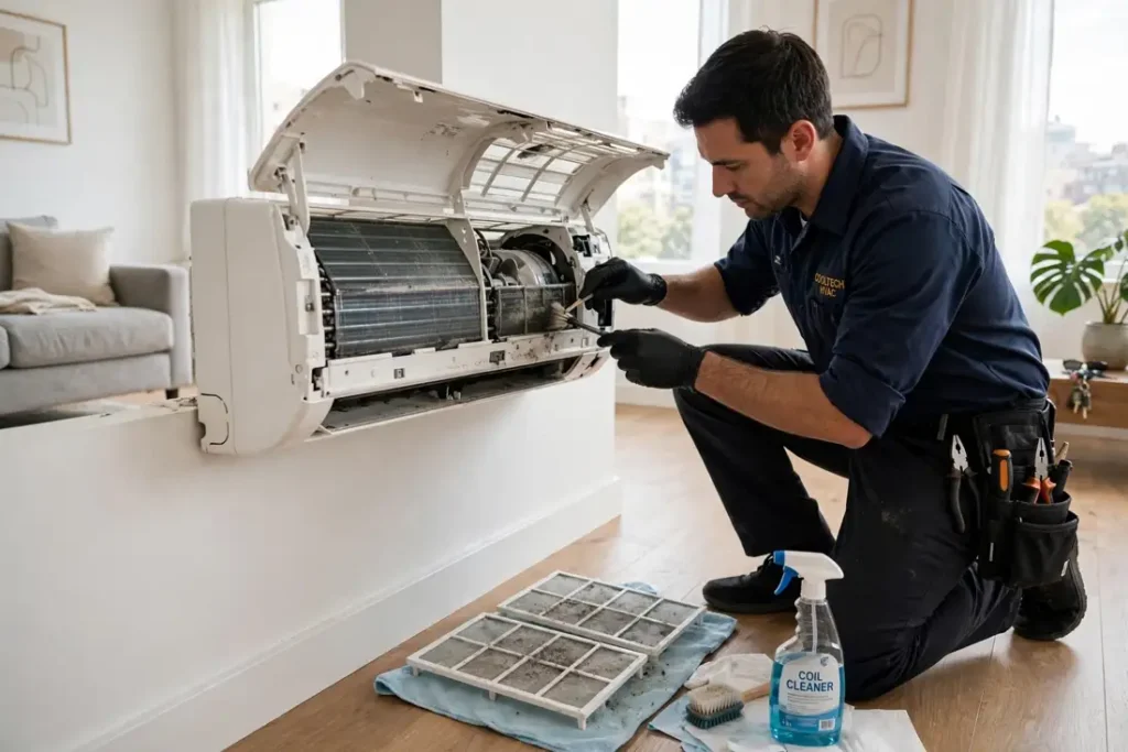 AC cleaning in Dubai — technician servicing a split unit