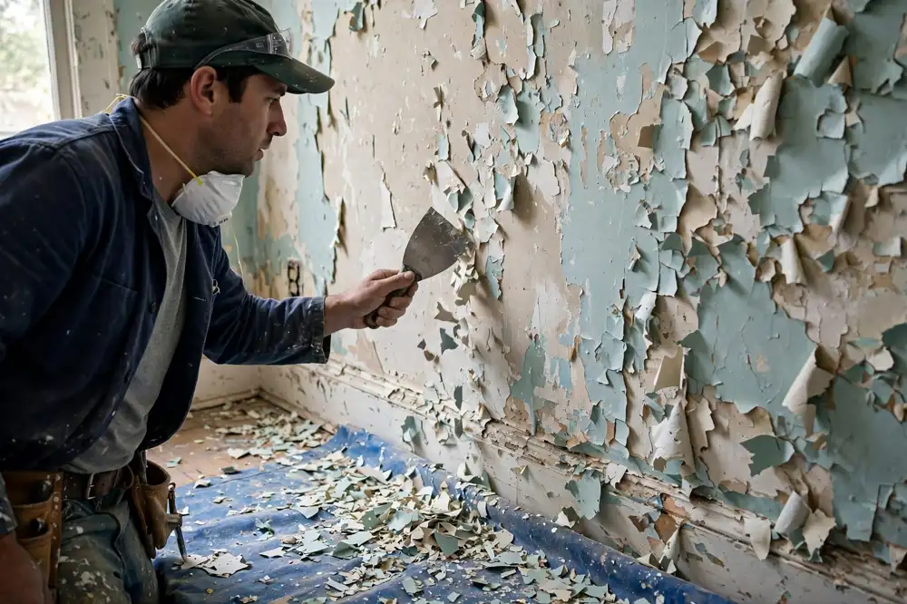 Paint removal in Dubai — scraping peeling paint from a wall
